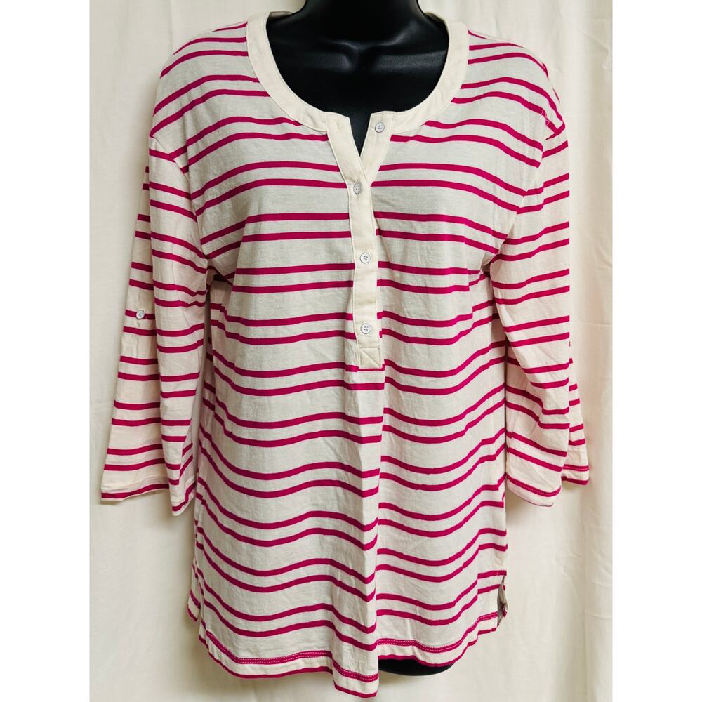 Banana Republic Women Top Blouse Size Medium Pink White Stripe 3/4 Roll Tab New